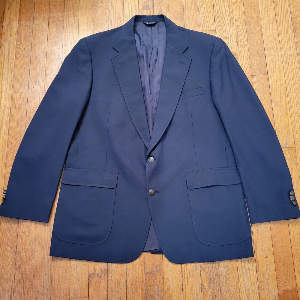 Botany 500 Blue Blazer Two Button‎ Crest Buttons USA 49R Wool Preppy Business